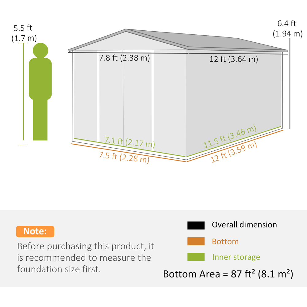 Outsunny 12 x 8ft Dark Grey Apex Garden Shed Image 9