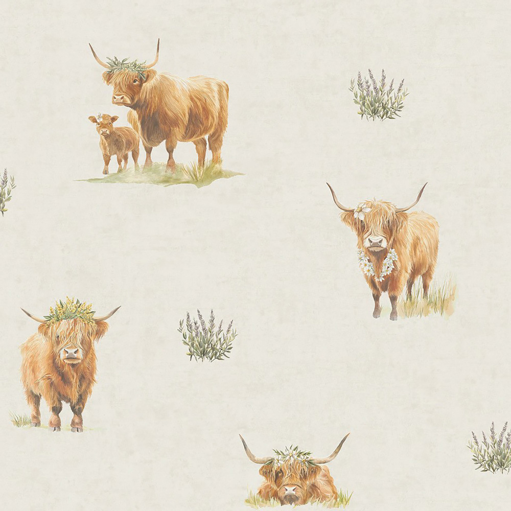 Highland Cattle Wallpaper Cream Image 2