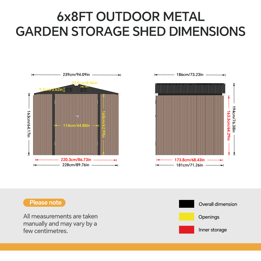 Living and Home 6 x 8ft Brown and Black Metal Apex Garden Storage Shed with Lockable Doors Image 7
