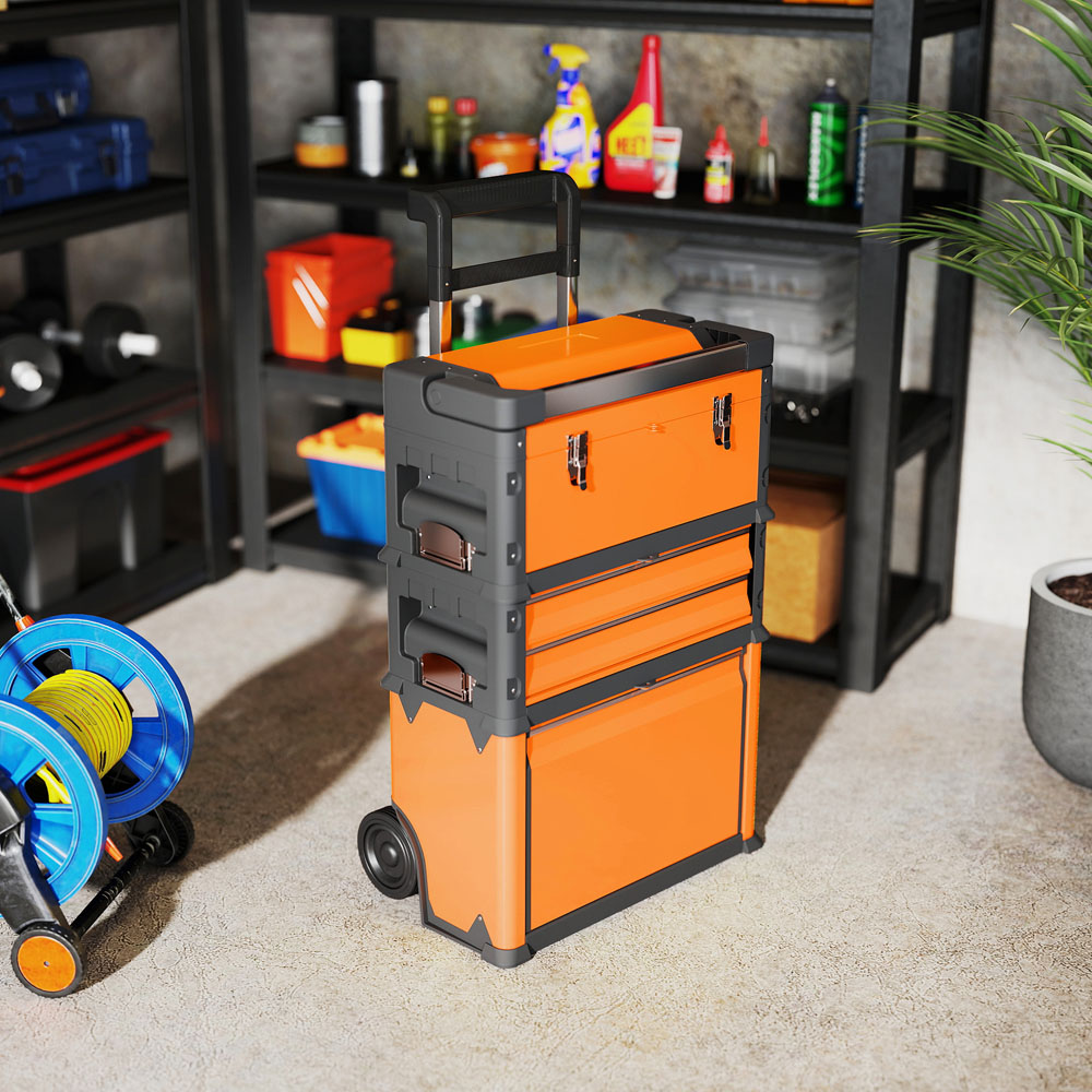 HOMCOM 3 Tier Orange Stackable Steel Tool Box with Wheels Image 2