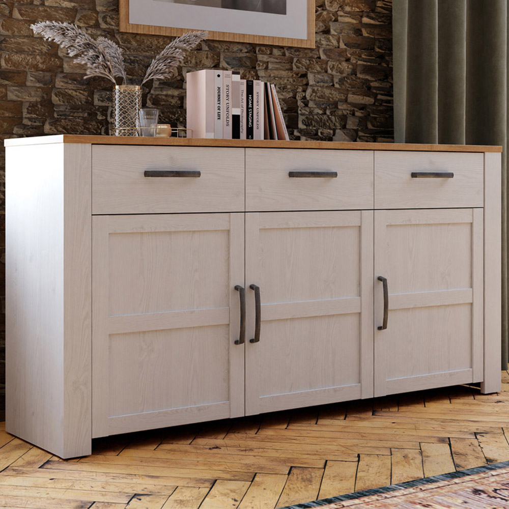 Florence Bohol 3 Door 3 Drawer White Riviera Oak Sideboard Image 1