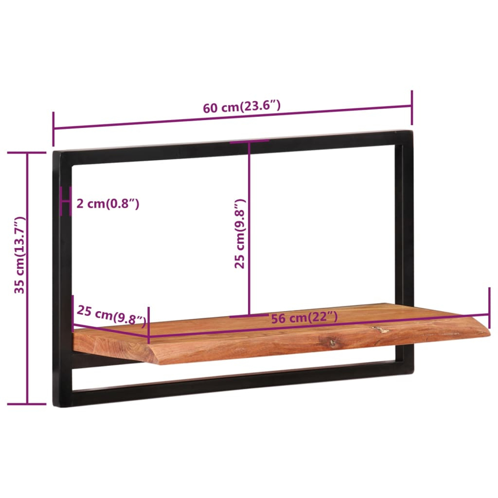 vidaXL 60cm Set of 2 Acacia Solid Wood and Steel Floating Wall Shelf Image 9