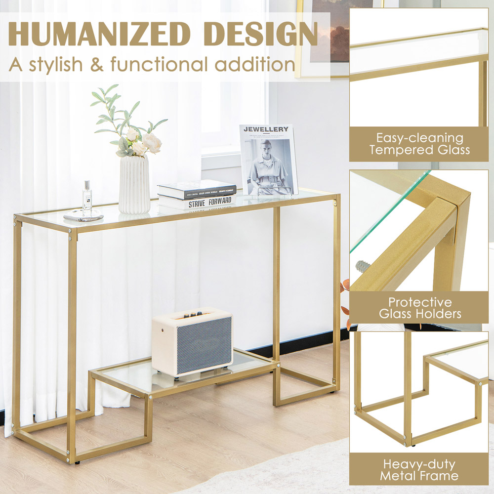 Costway Single Shelf Golden Tempered Glass Console Table with Metal Frame Image 8