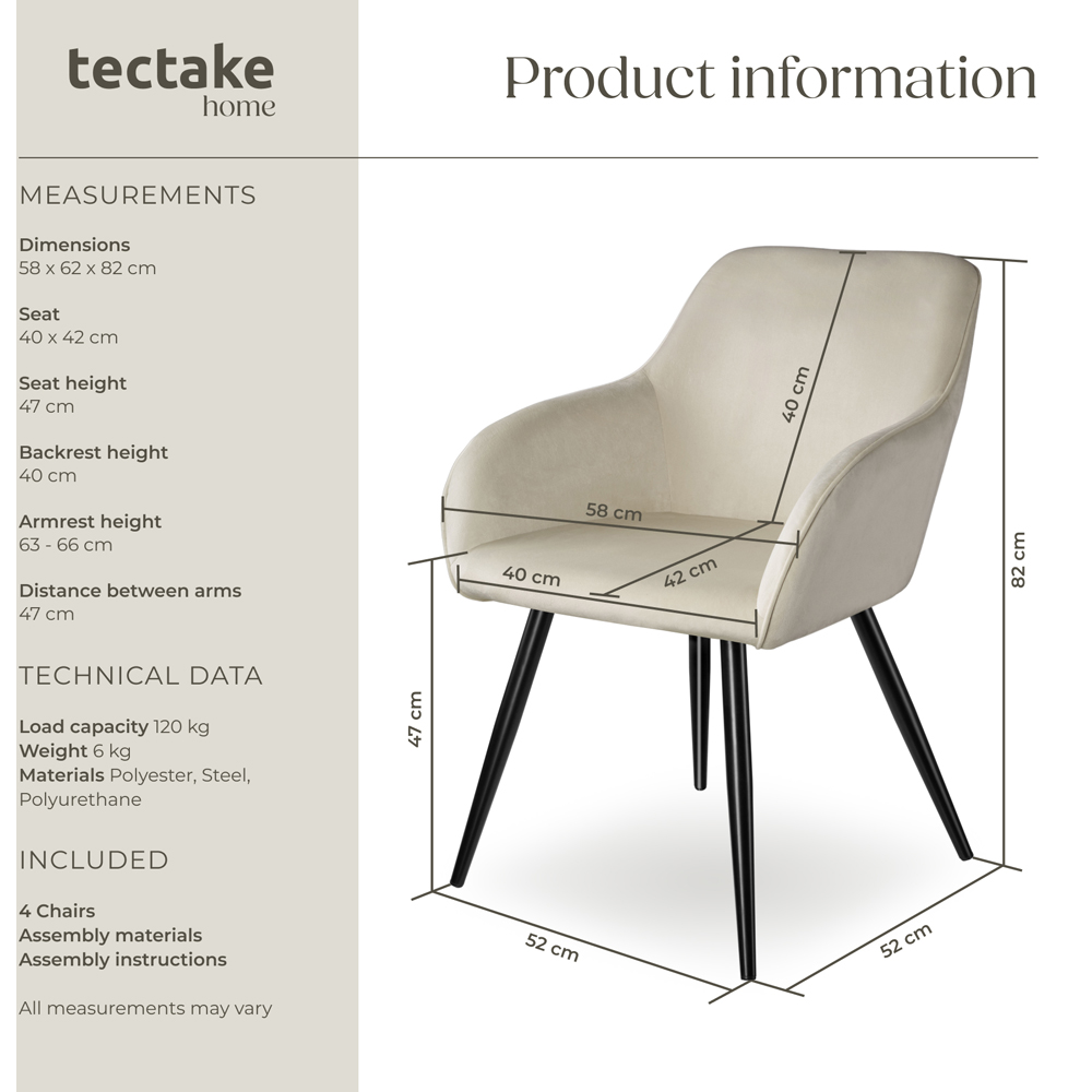 tectake Marilyn Set of 4 Cream and Black Velvet Look Padded Dining Chairs Image 8