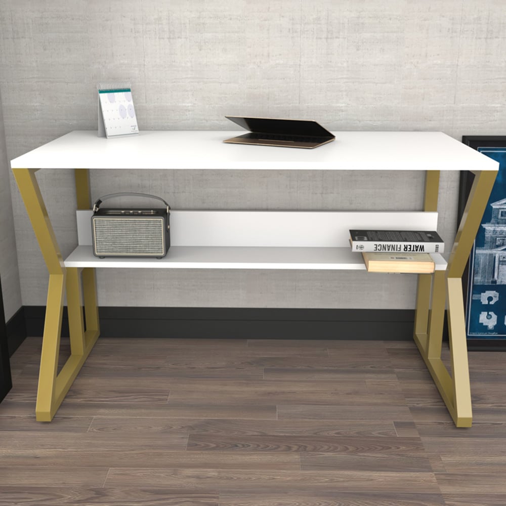 Decorotika Wake Single Shelf Computer Desk Gold and White Image 1