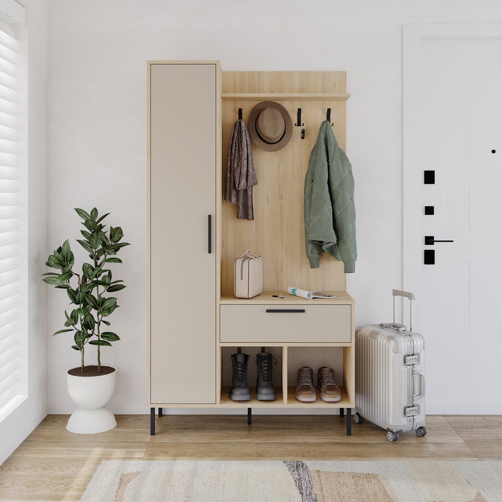 Decortie Acton Single Door Single Drawer Sapphire Oak Sandstone Entryway Coat Rack with Shoe Storage Image 4