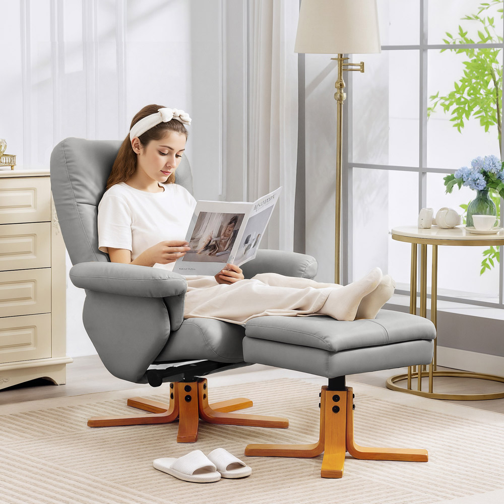 Portland Light Grey PU Leather Wooden Base Swivel Recliner Chair with Ottoman Image 3