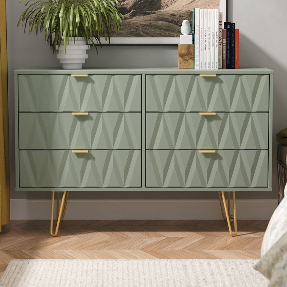 Crowndale Diamond 6 Drawer Reed Green Wide Chest of Drawers Ready Assembled Image 1