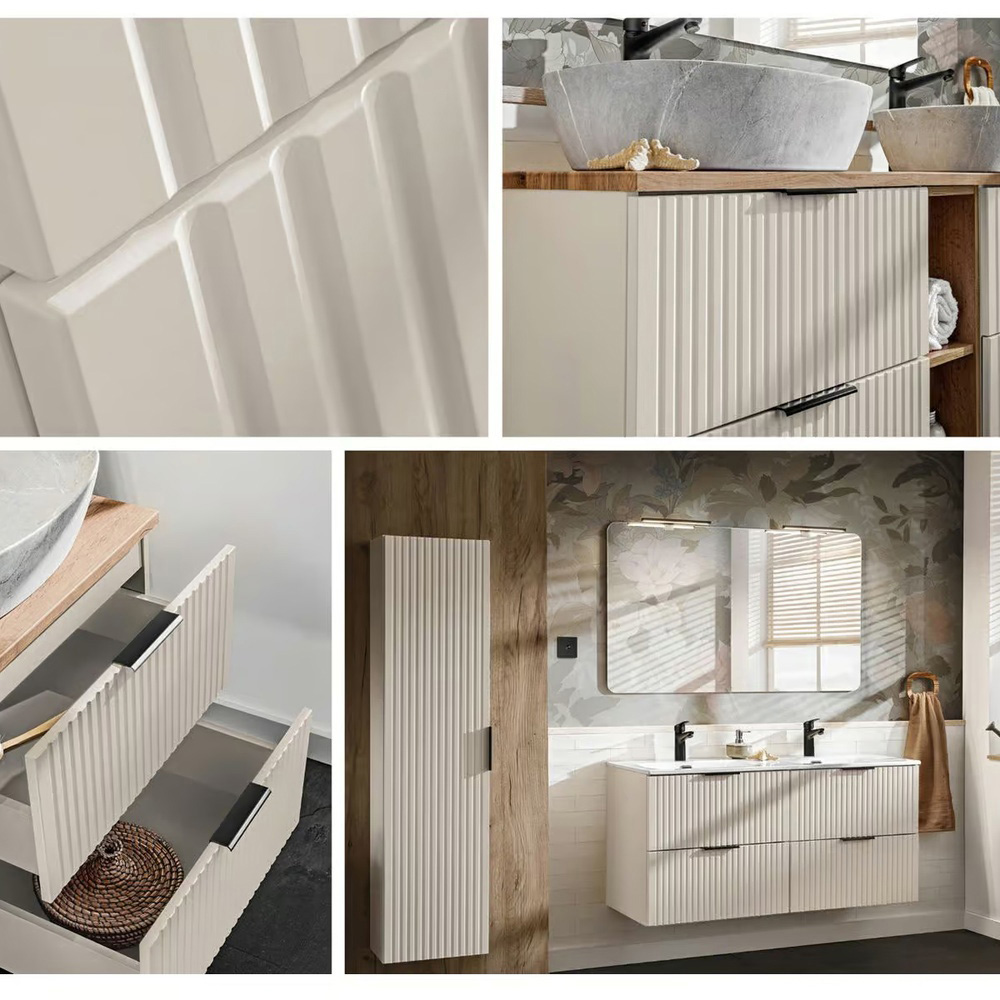 Impact Furniture Adel 4 Drawer Beige Fluted Wall Hung Double Vanity Unit with Basins 1200mm Image 4