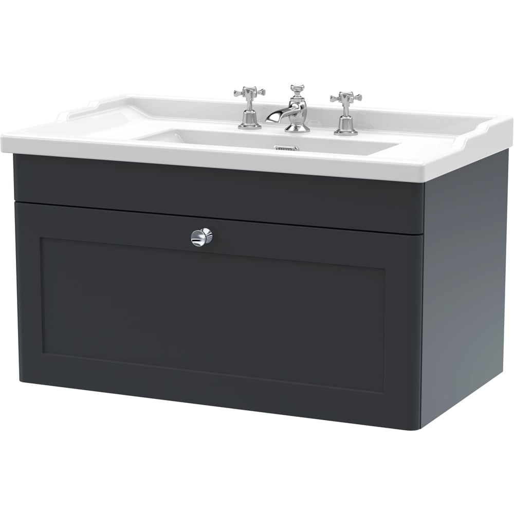 nuie Classique Single Drawer Soft Black Wall Hung Unit and 3 Tap Hole Fireclay Basin 800mm Image 1