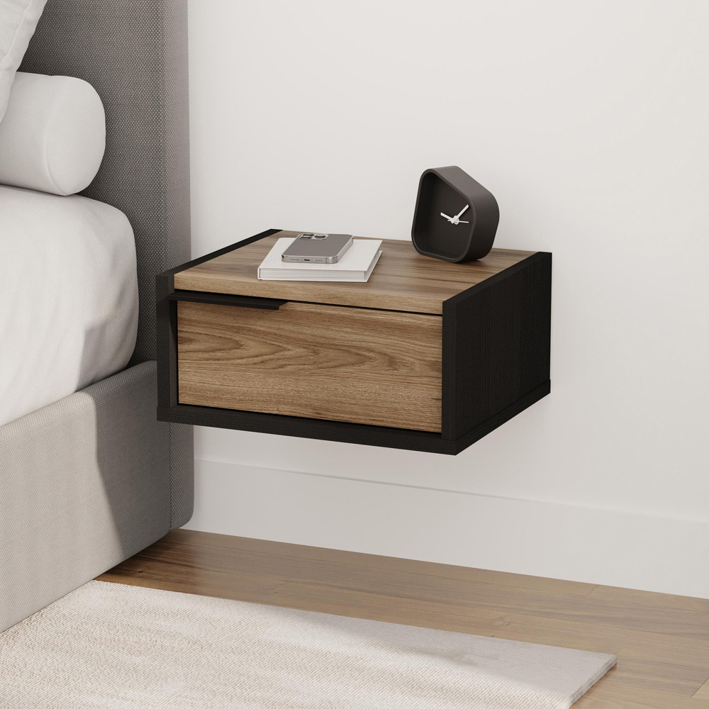 Decortie Eco Single Drawer Black Wood Wall Mounted Bedside Table Image 4