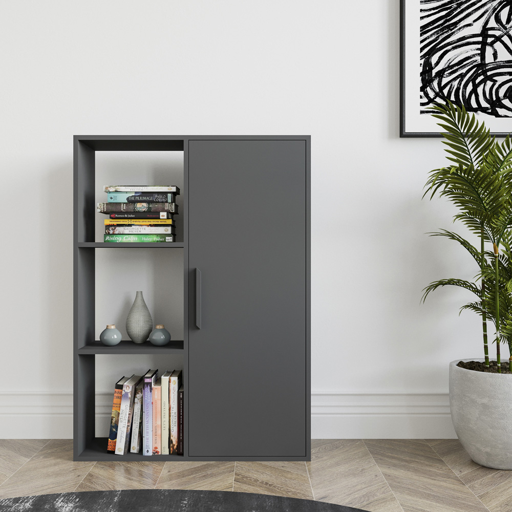 Decorotika Patrick Single Door 3 Shelf Anthracite Bookcase Image 4