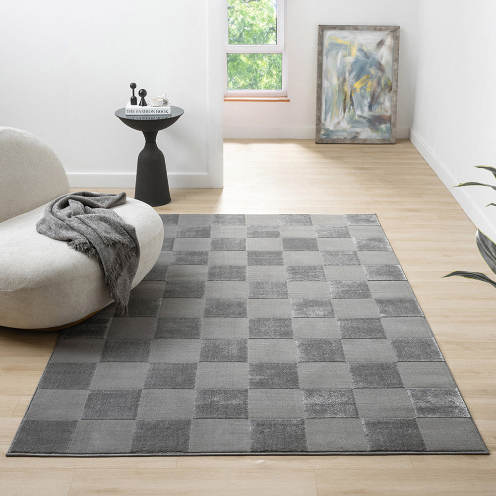 Desire Rugs Vellure Grey Metallic Sheen Grid Design Rug 60 x 220cm Image 2