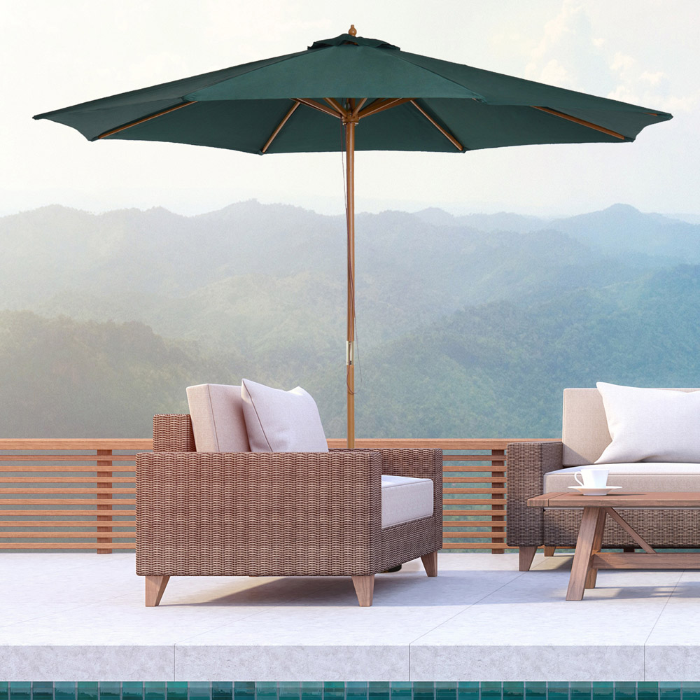 Outsunny Dark Green Wooden Rope Pully Parasol 3m Image 2