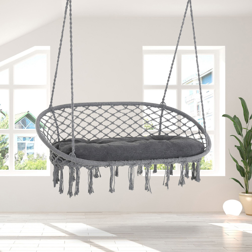 Outsunny 2 Seater Grey Hanging Macrame Swing Chair Image 1