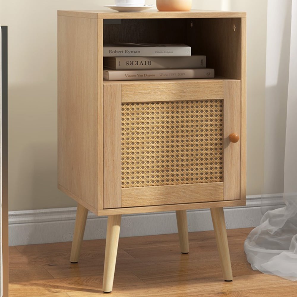 Costway Single Door Single Shelf Natural Rattan Nightstand Image 1