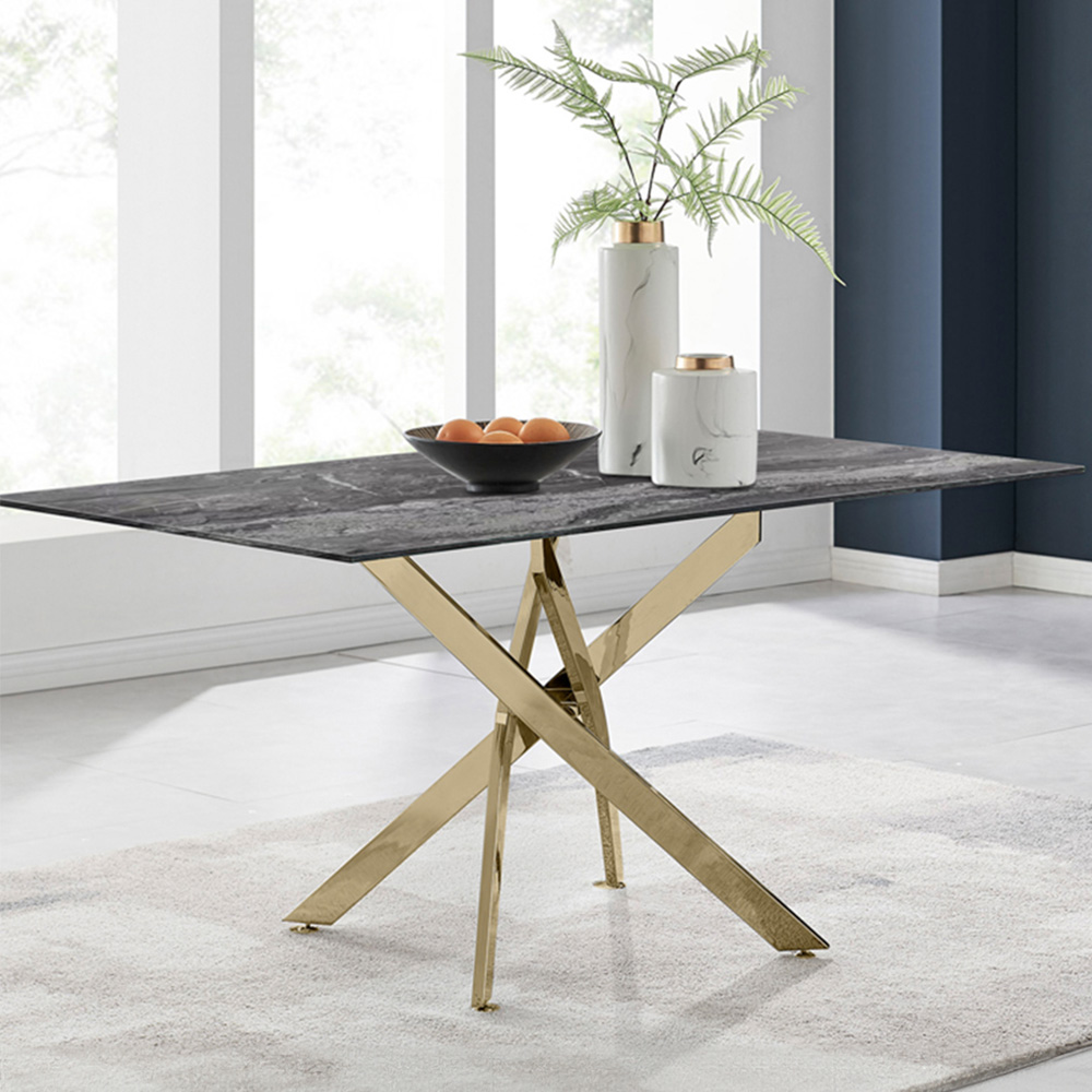 Furniturebox Tavalo 6 Seater Glass Dining Table Marble Effect and Gold Image 1