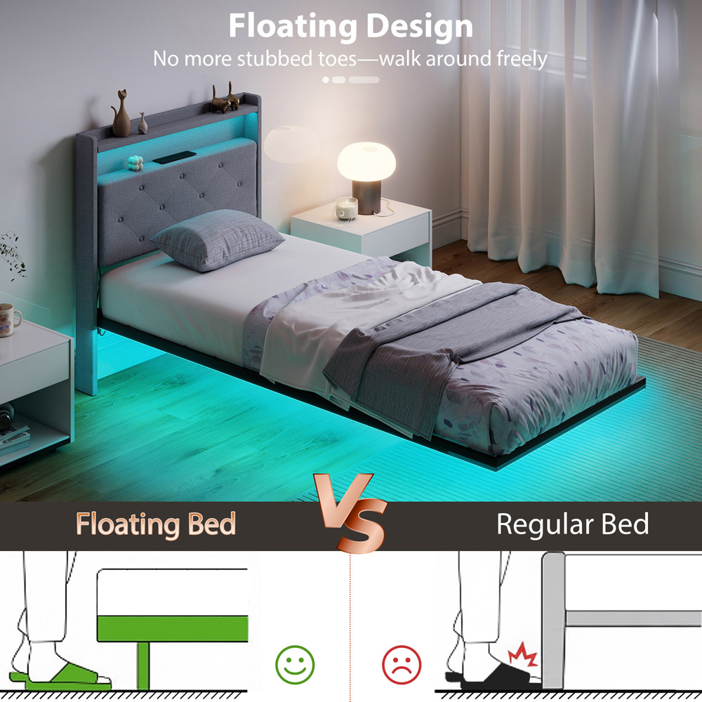 Portland Single Grey Upholstered Floating Bed Frame with RGB LED Lights Image 4