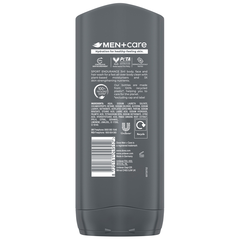 Dove Men+Care Hydrating Endurance 3-in-1 Hair, Body and Face Wash 400ml Image 2