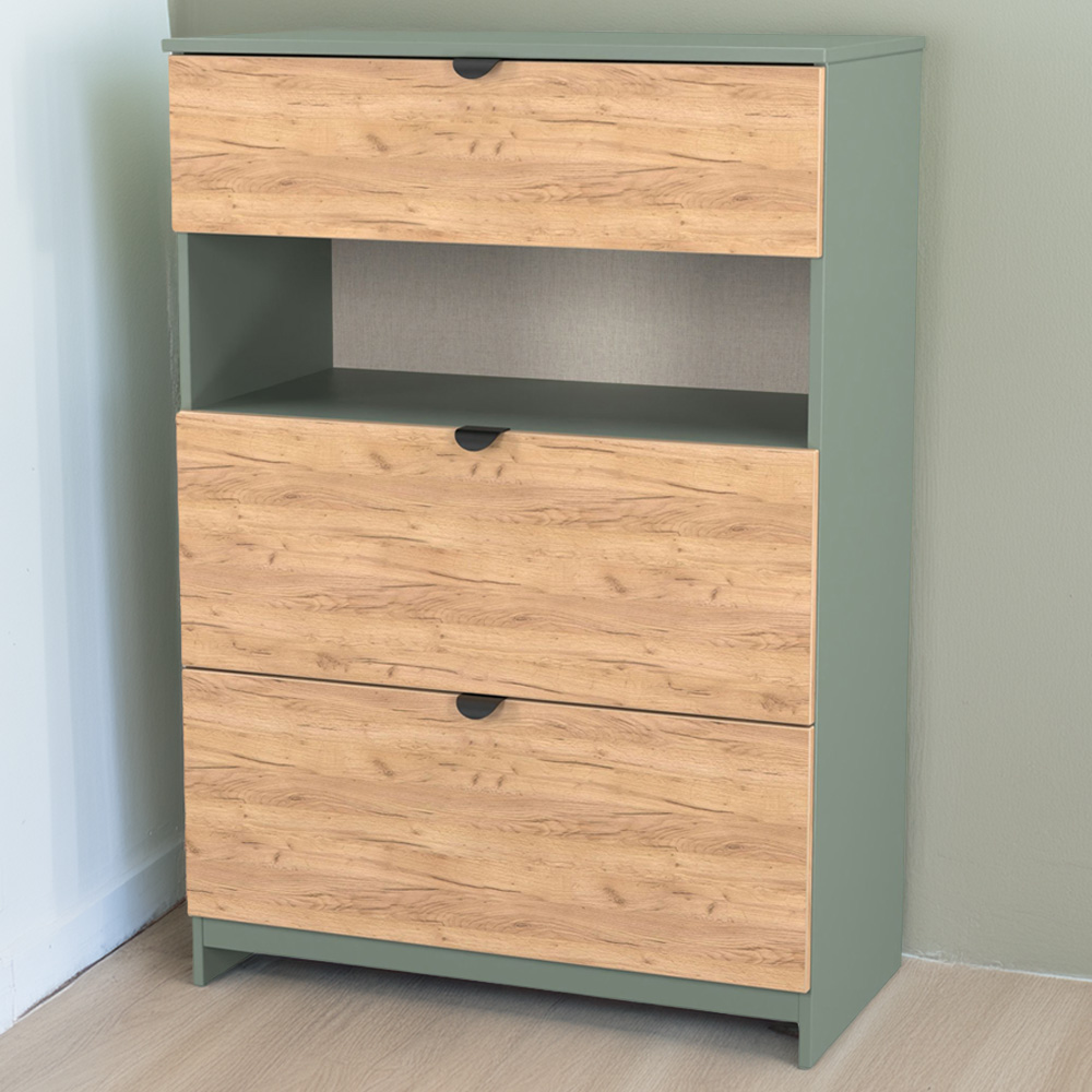 Crowndale Bora 3 Drawer Single Shelf Gold Oak and Reed Green Storage Unit Image 1