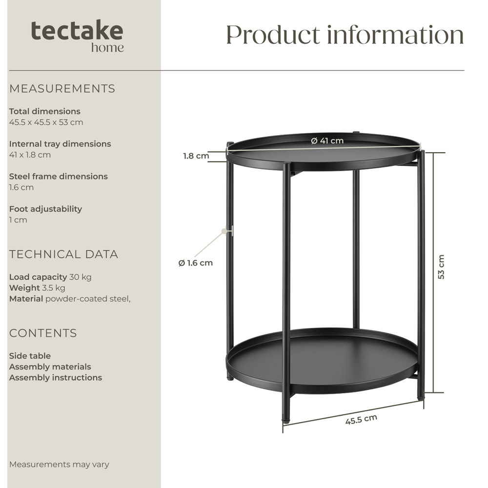 tectake Oxford 2 Shelf Black Round Bedside Table Image 8