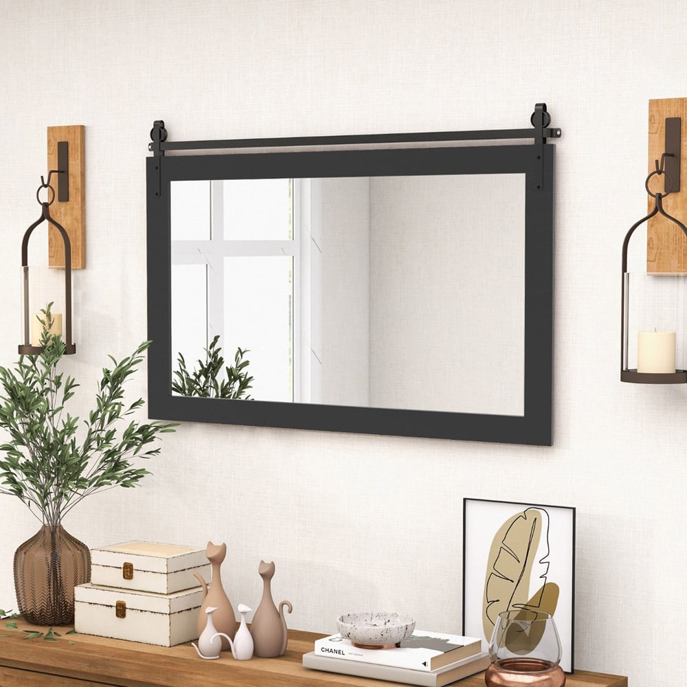 Costway Black Fir Wood Frame Farmhouse Bathroom Wall Mirror Image 2