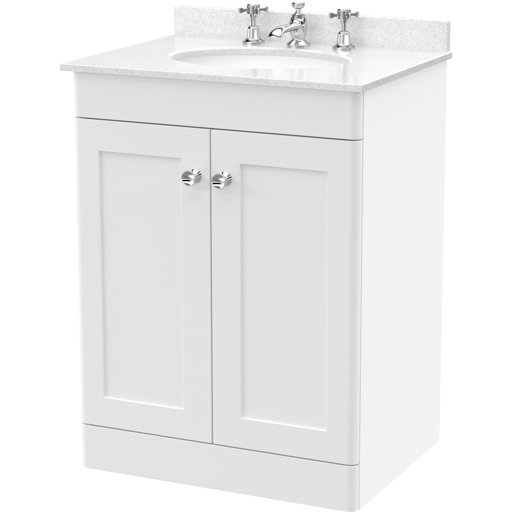 nuie Classique 2 Door Satin White Floor Standing Unit and 3 Tap Hole Marble Basin 600mm Image 1
