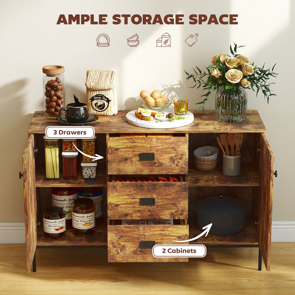 HOMCOM 3 Drawer 2 Door Rustic Brown Modern Storage Cabinet Image 4