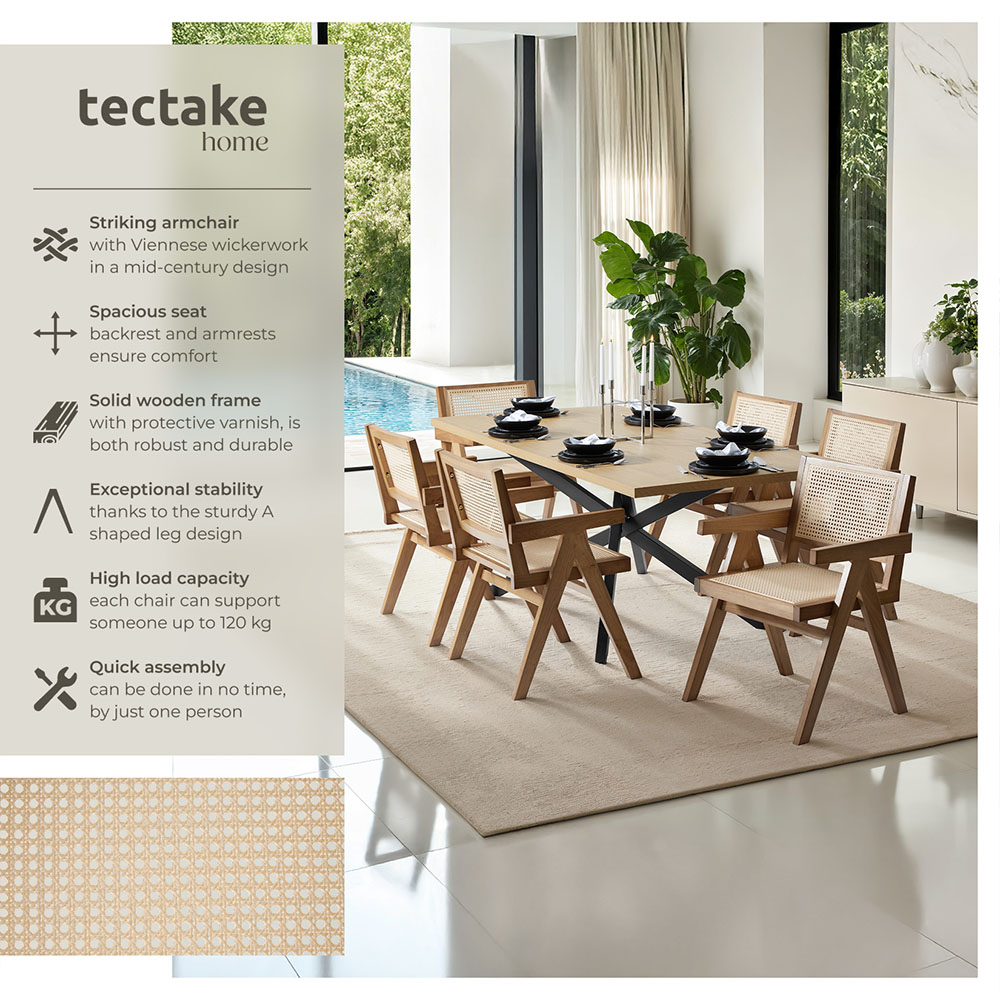 Tectake Lizzy Set of 6 Light Oak Rattan Backrest Dining Chair Image 6