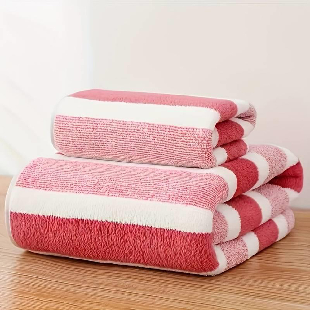 Dyzi Pink Striped Ultra Absorbent Quick Dry Hand and Bath Towel Set Image 2