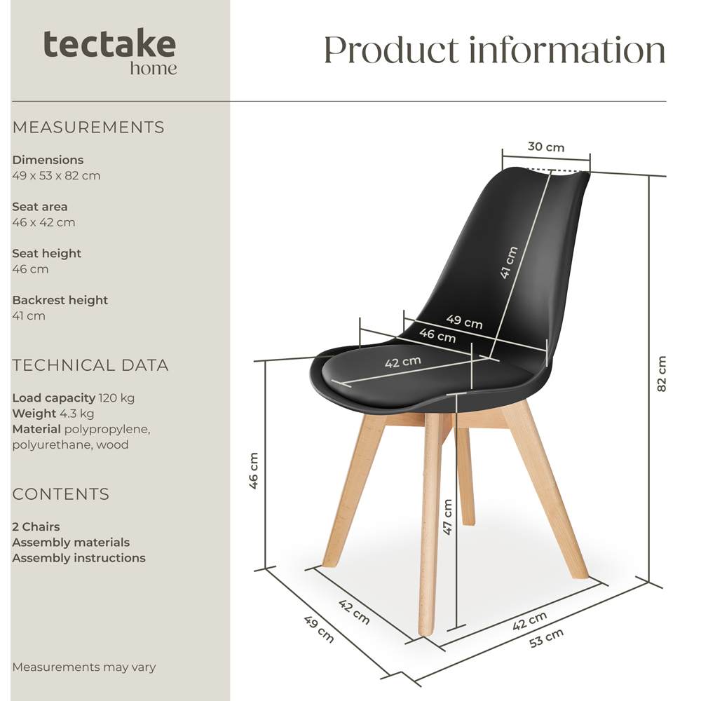 tectake Frederikke Set of 2 Black Ergonomic Dining Chair Image 9