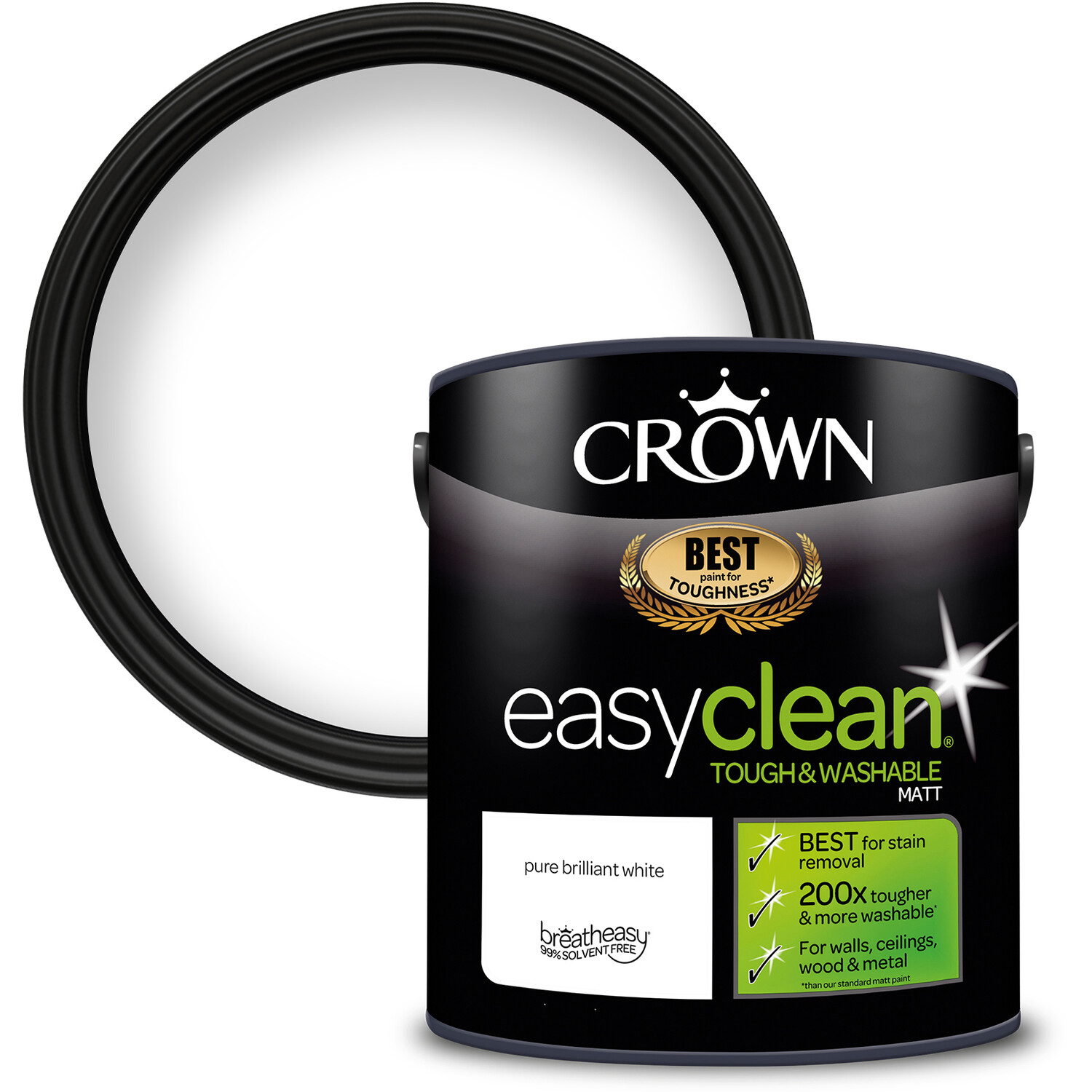 Crown Easyclean Pure Brilliant White Matt Emulsion Multisurface Paint 2.5L Image 1