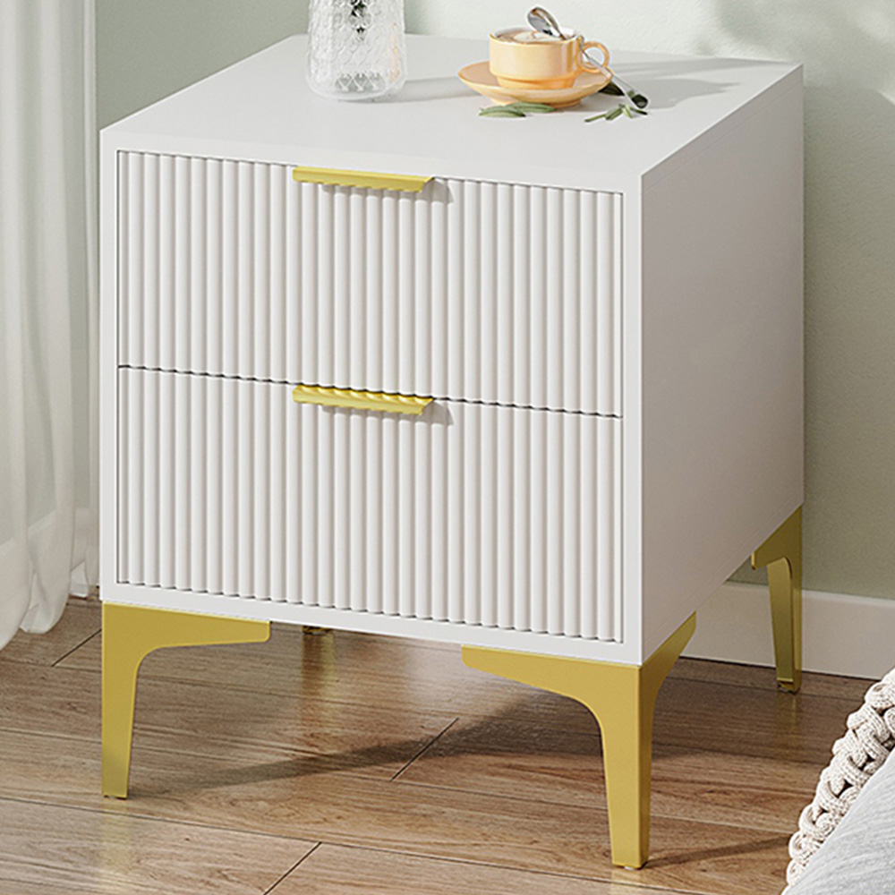 Living and Home 2 Drawer White and Gold Modern Bedside Table Image 1