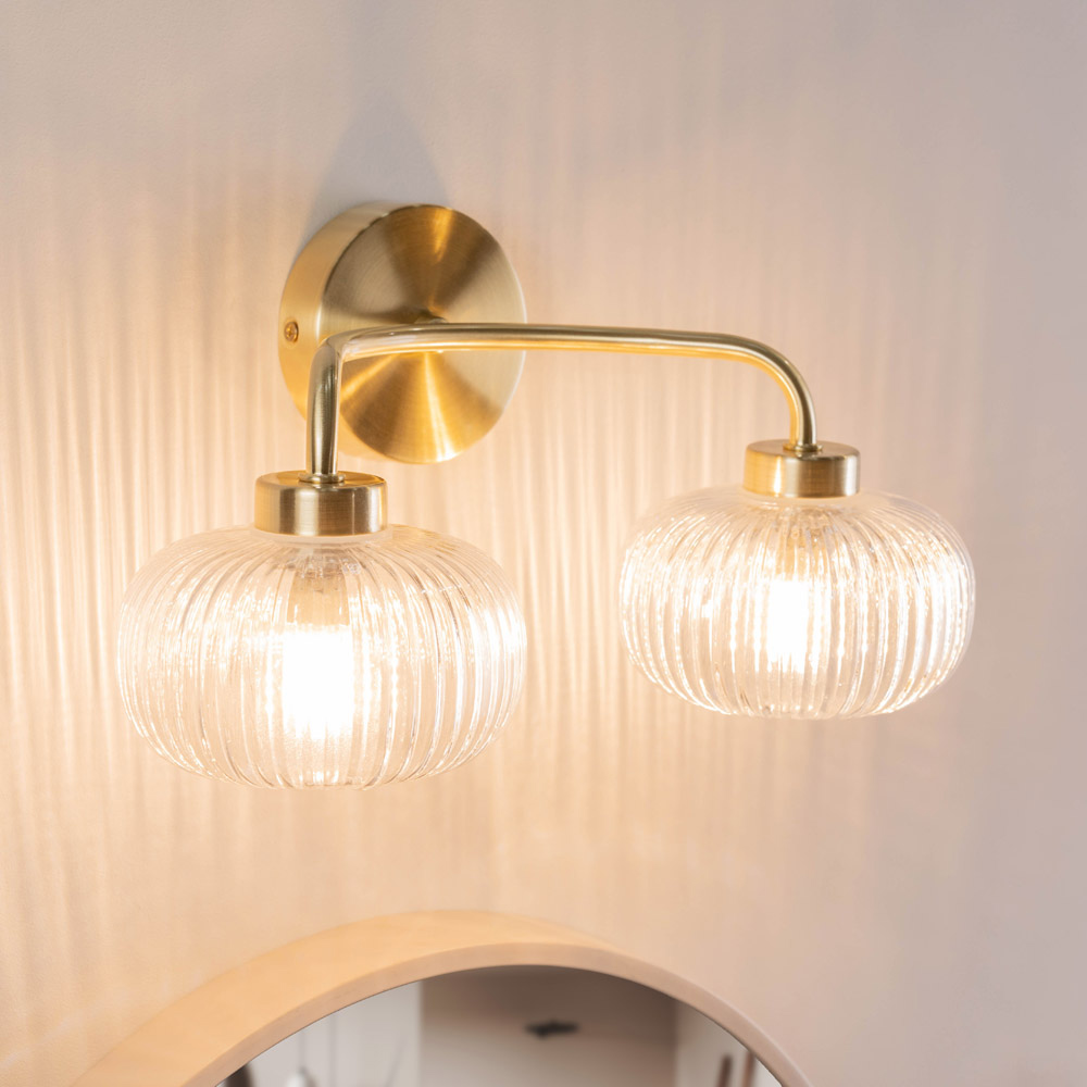 ValueLights Amaia Gold 2 Way Clear Ribbed Glass LED Wall Light 2 Pack Image 3