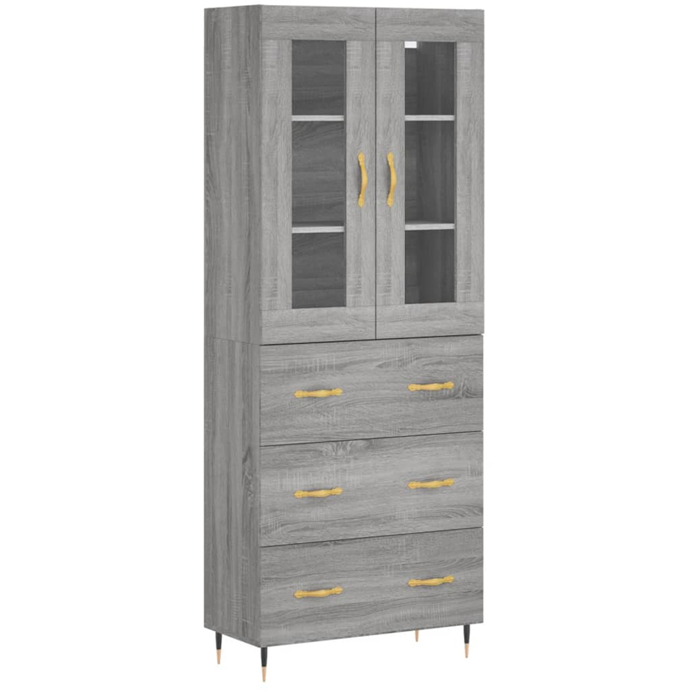 vidaXL 2 Glass Door 3 Drawer Grey Sonoma Highboard Image 2