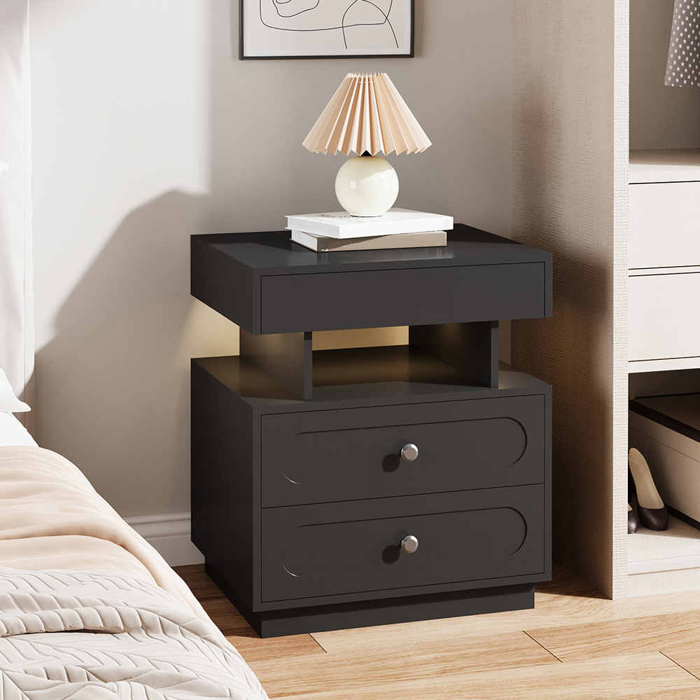 Living and Home 3 Drawer Single Shelf Black Bedside Table with RGB LED Light Image 8