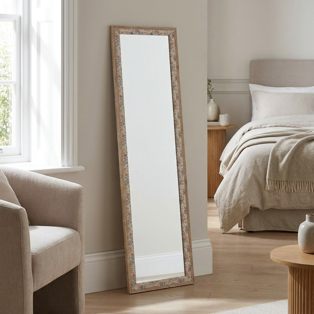 Floral Linen Wooden Dress Mirror Cream Image 9