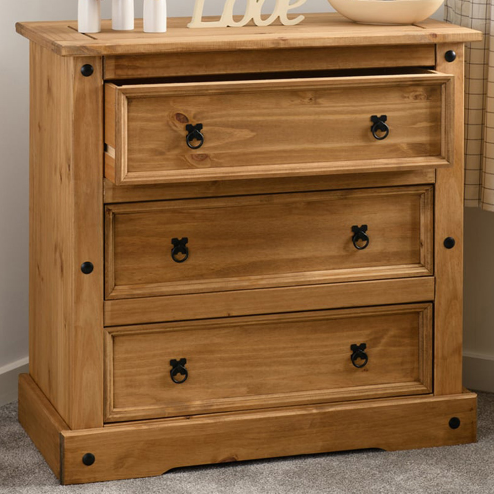 Seconique Corona 3 Drawer Distressed Waxed Pine Chest of Drawers Image 1
