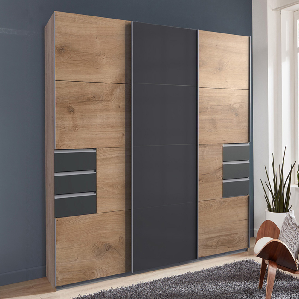 TJ'S Saigon Single Glass Sliding Door 6 Drawer Oak Black Wardrobe Image 1