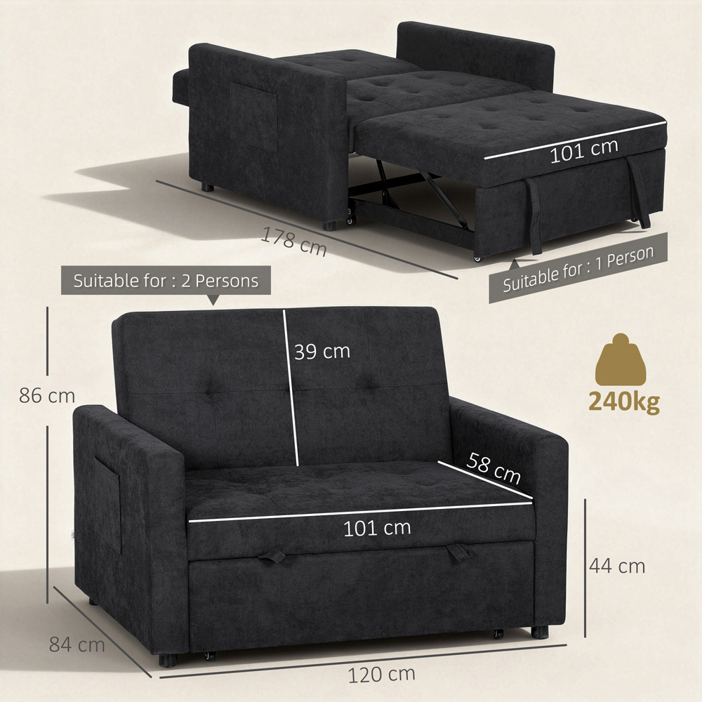 Portland 3-in-1 2 Seater Black Snow Flannel Convertible Sofa Bed with Pillows Image 9