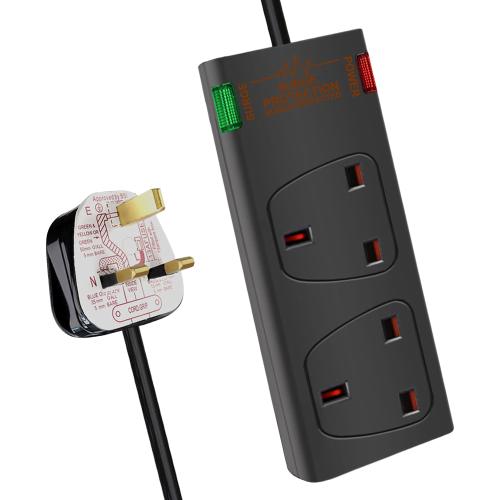 ExtraStar Black 13A 5m 2 Socket Surge Protected Extension Lead Image 1