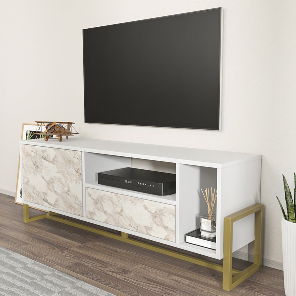 Decorotika Utopie Single Drawer Single Door 2 Shelf White and White Marble Effect TV Unit Image 1
