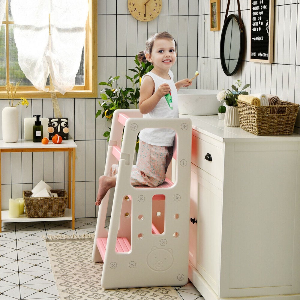Costway Kids Pink Kitchen Step Stool with Safety Rails Image 5