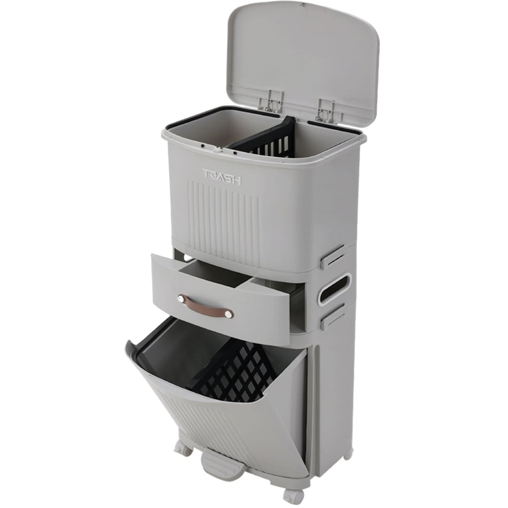 Living and Home 3 Tier Grey Dry Wet Trash Bin with Divider 45L Image 1