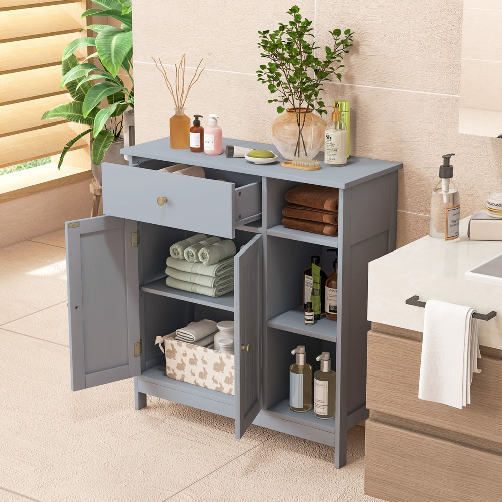 Costway Single Drawer 2 Door 3 Shelf Grey Floor Cabinet Image 4