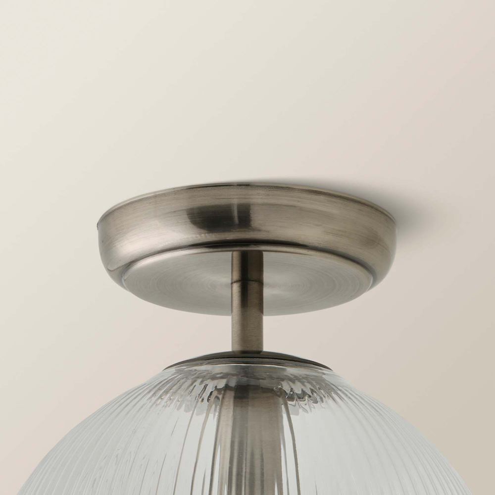 ValueLights Kempton Brushed Chrome Ribbed Globe Shade Flush Ceiling Light with Bulb Image 4