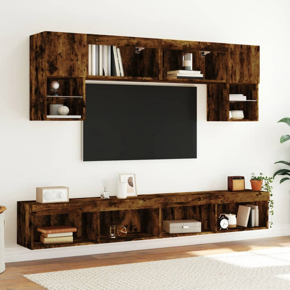 vidaXL 2 Shelf Smoked Oak Wall Mounted LED TV Cabinet Set of 2 Image 3