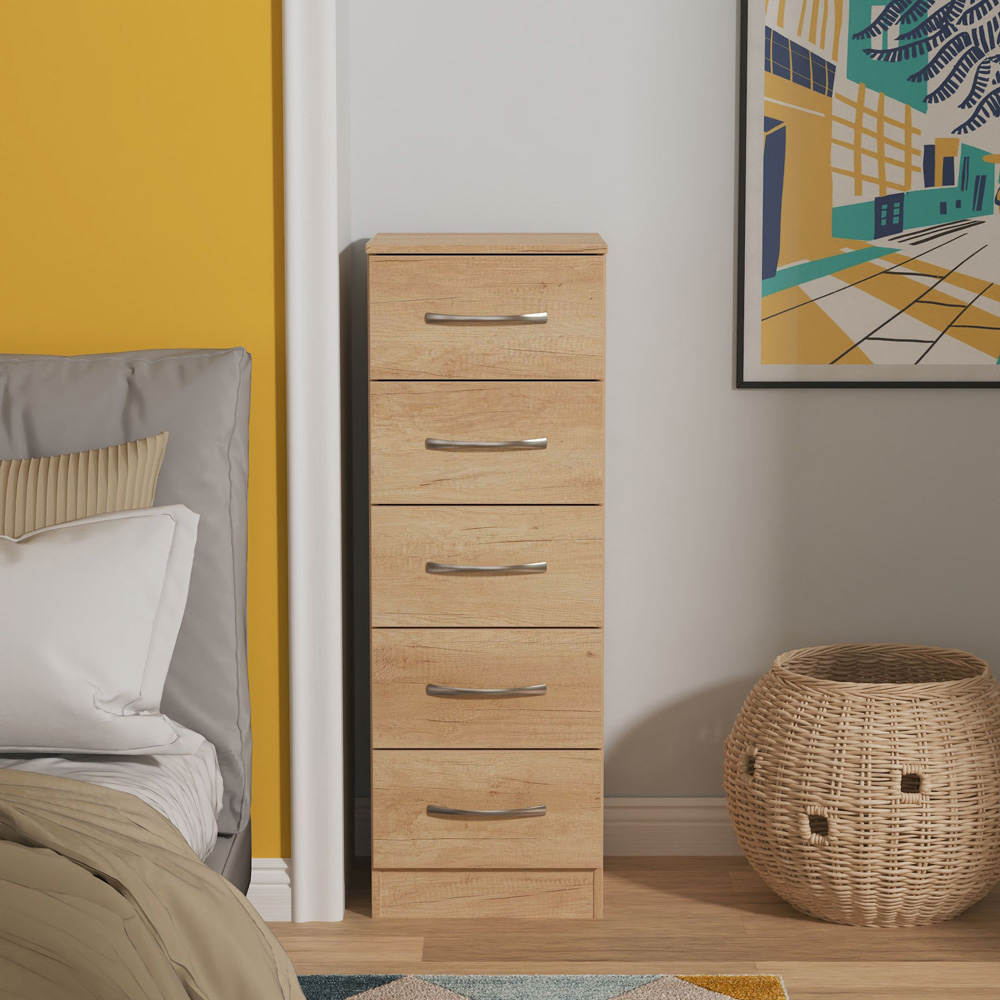 Crowndale Avon 5 Drawer Nebraska Oak Tall Bedside Cabinet Ready Assembled Image 7