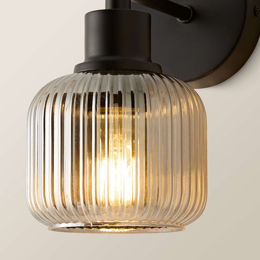 ValueLights Calpe Matte Black Ribbed Smoked Glass Shade Wall Light with Bulb Image 4