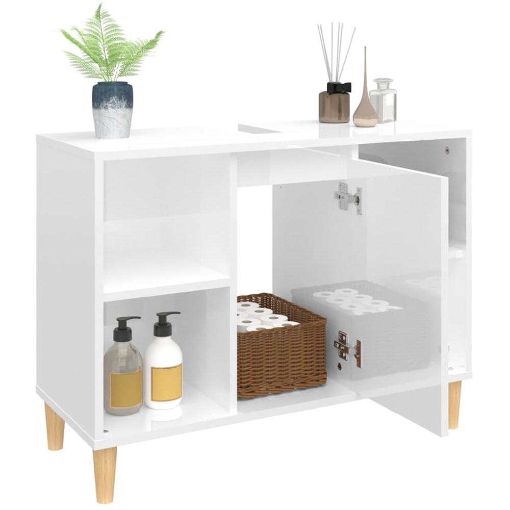 vidaXL Single Door 4 Open Shelf High Gloss White Bathroom Sink Cabinet Image 6
